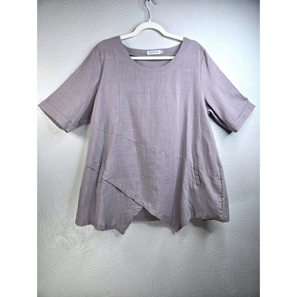 Misslook Asymmetric Pocket Tunic Top 2XL Light Gray Relaxed Fit Lagenlook Shirt